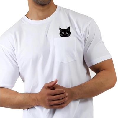 Ζωικό Βαμβακερό T-Shirt Κινούμενο Σχέδιο Μαύρη Γάτα Διπλός Μέσος Δάκτυλος Τσέπη T-shirt Ανδρικά Κοντομάνικα T-shirts Ανδρικά