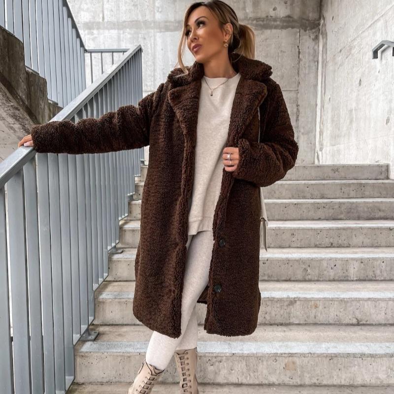 Toamnă și iarnă groasă cu mânecă lungă cu revere jachetă damă plus size fleece din pluș paltoane lungi calde femei lejer casual jachete solide pentru femei 24959