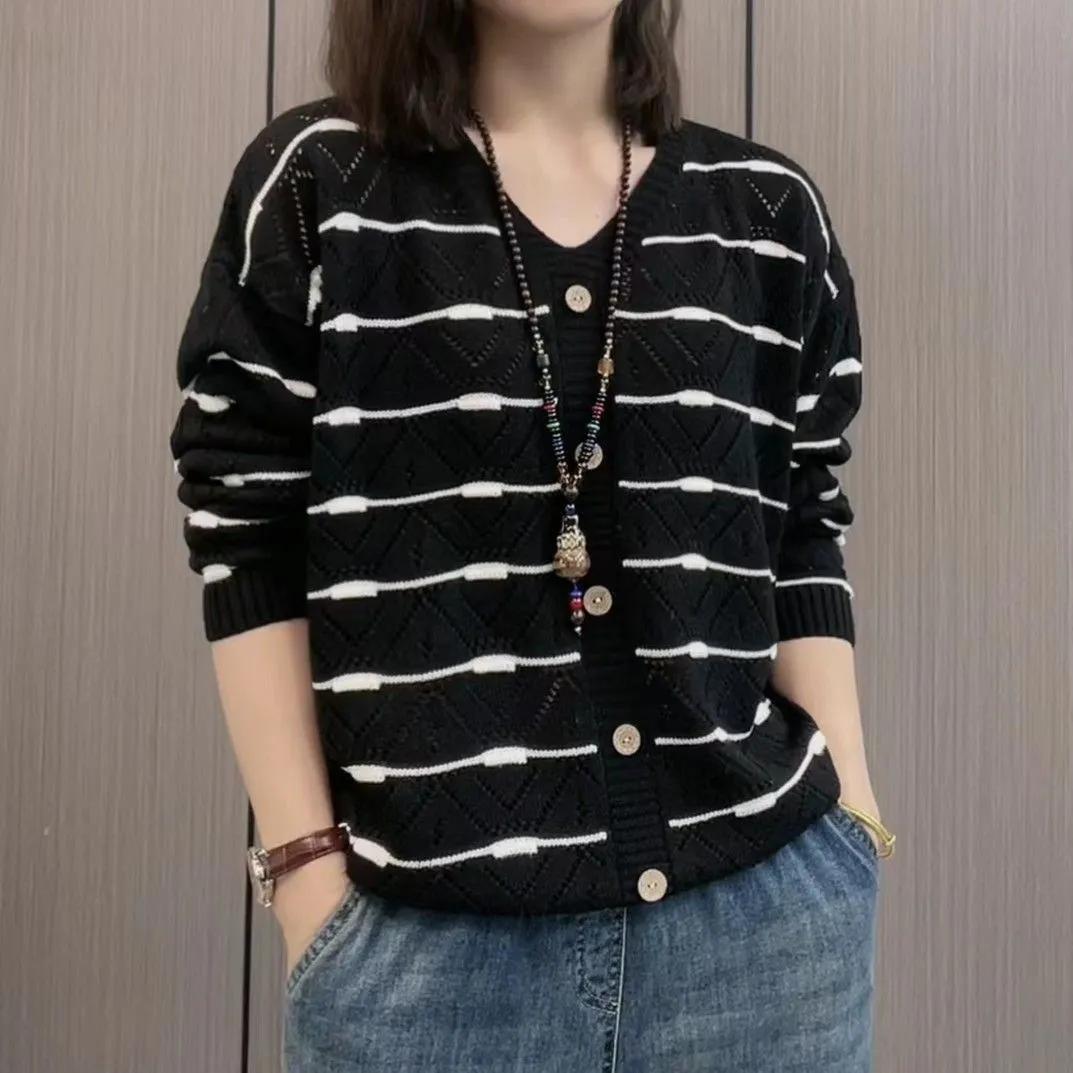 

Женская весенняя свободная трикотажная рубашка с V-образным вырезом и стилем «Темперамент», длинный рукав, ажурный топ 3XL чёрный