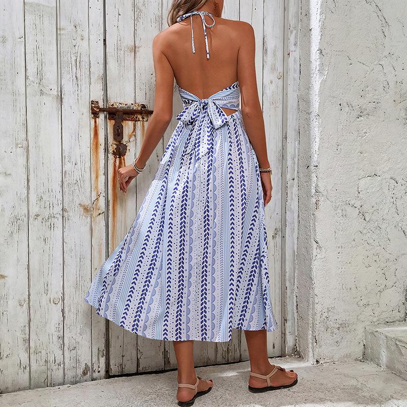 New summer neck seaside vacation geometric print dress