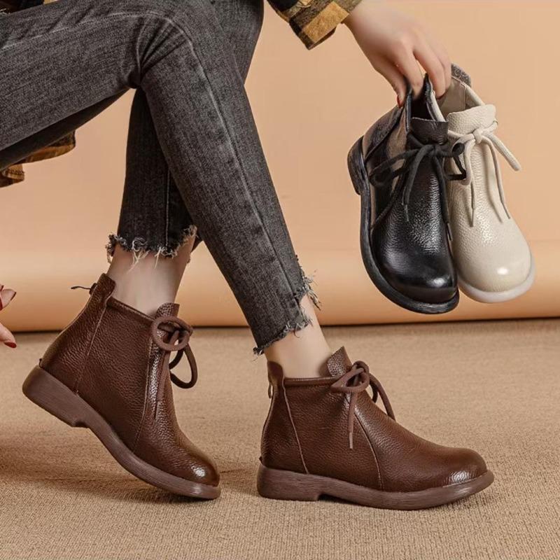 Prawdziwa Skóra Wygodne Płaskie Krótkie Botki Miękka Powierzchnia Miękka Podeszwa Wygodne Wszechstronne Damskie Skórzane Botki Skóra Bydlęca Antypoślizgowe Botki 35-41