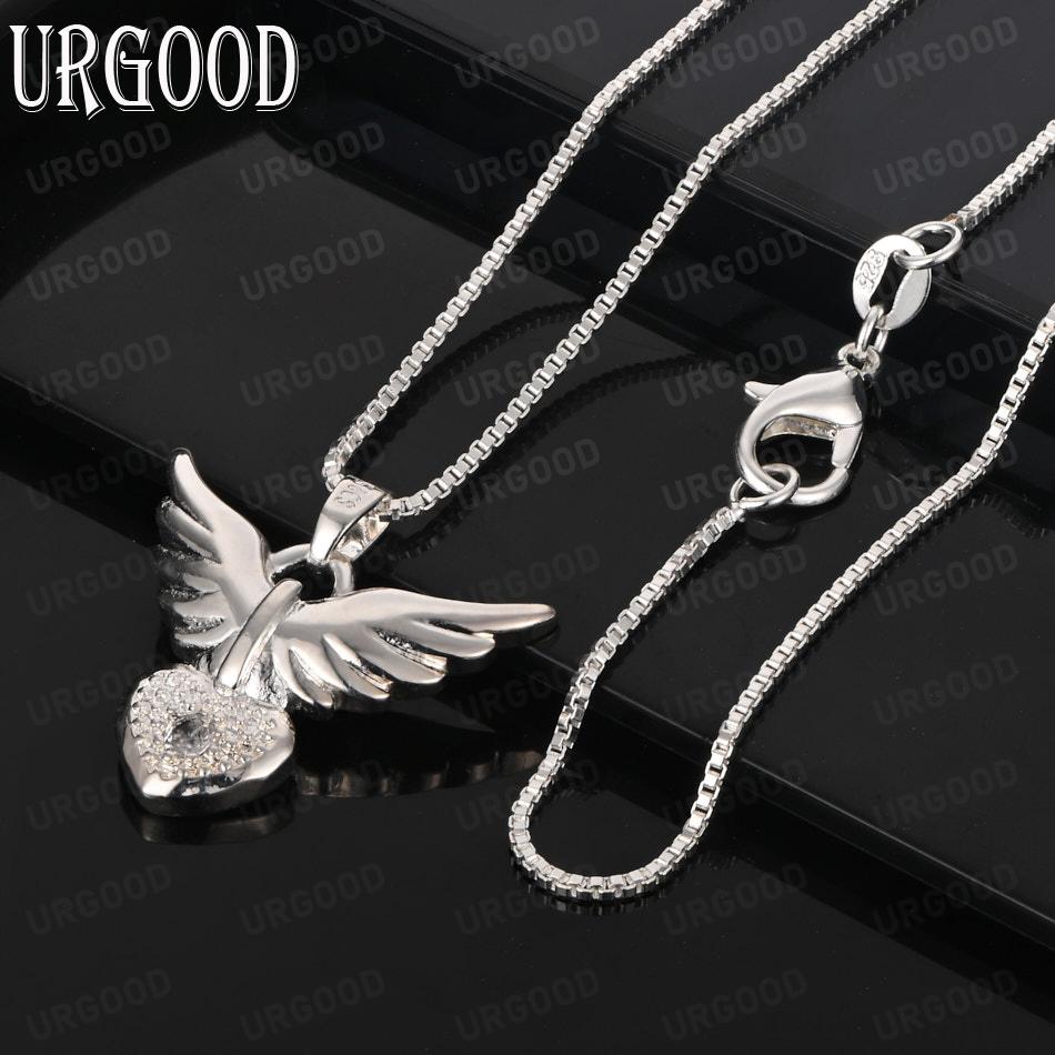 925 Sterling Silver Angel Wings Heart Pendant Necklace With AAA Zircon - Stylish Evening Jewelry