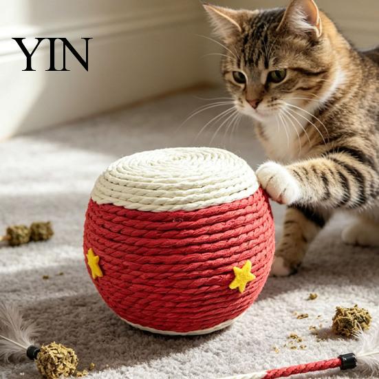 Interactive Pet Toys Cat Scratching Ball, Drum Shaped Paper Rope Indoor Exercise Toy Rolling Ball for Cats to Scratch, Pat, Bite Natural Material
