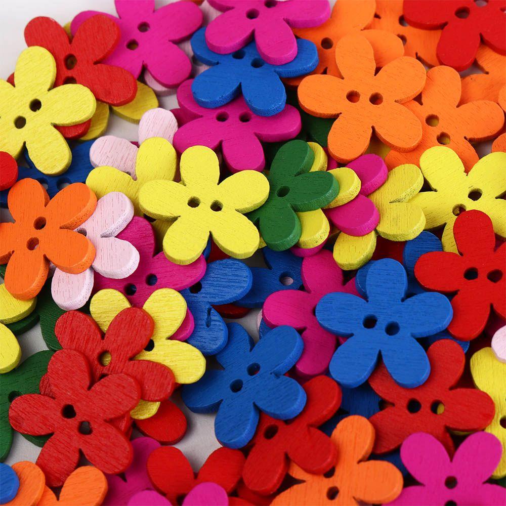 100pcs Overcoat Flower Shaped Flower Wooden Button Flat-back 2 Holes Clothing Button Colorful Cute Sewing Button Clothing Sewing