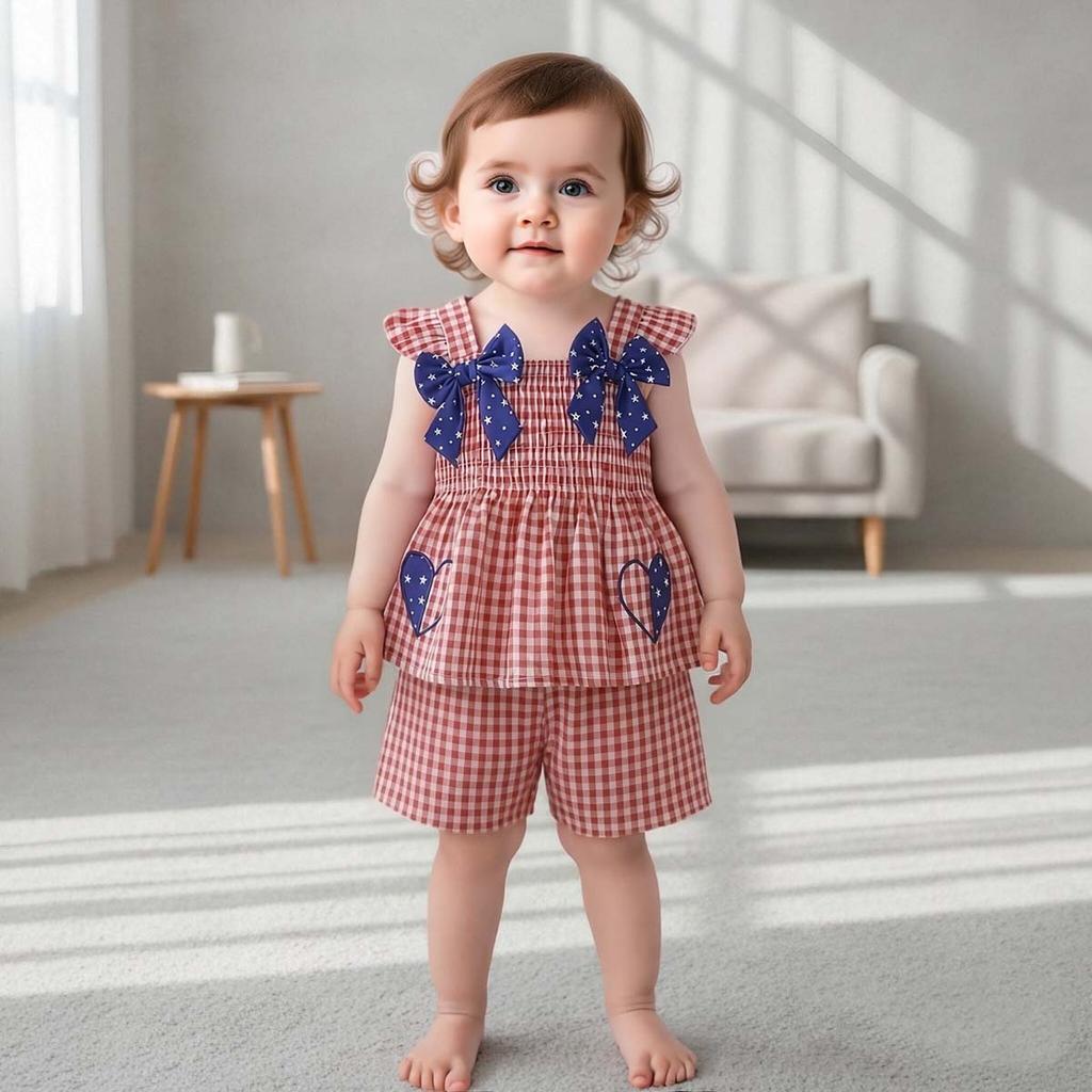 Hot Selling Patriotic Infant Girls Clothing Set Star Bow Fly Sleeve Top Plaid Shorts 2 Piece Outfit With Heart Embroidery For 0 3 Years Old Daily Wear