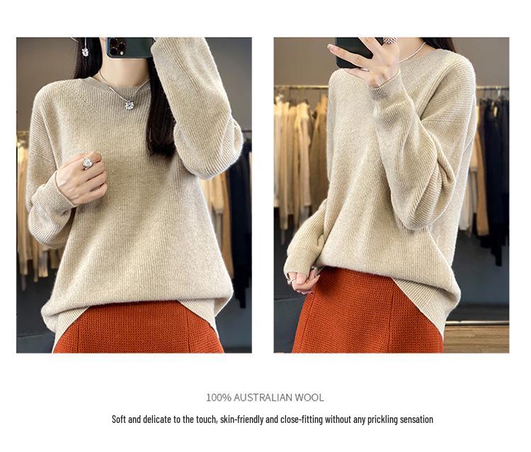 Women's Slimming Wool Pullover Sweater - Loose Knit, Versatile Autumn/Winter Base Layer, Solid Color, Round Neck.