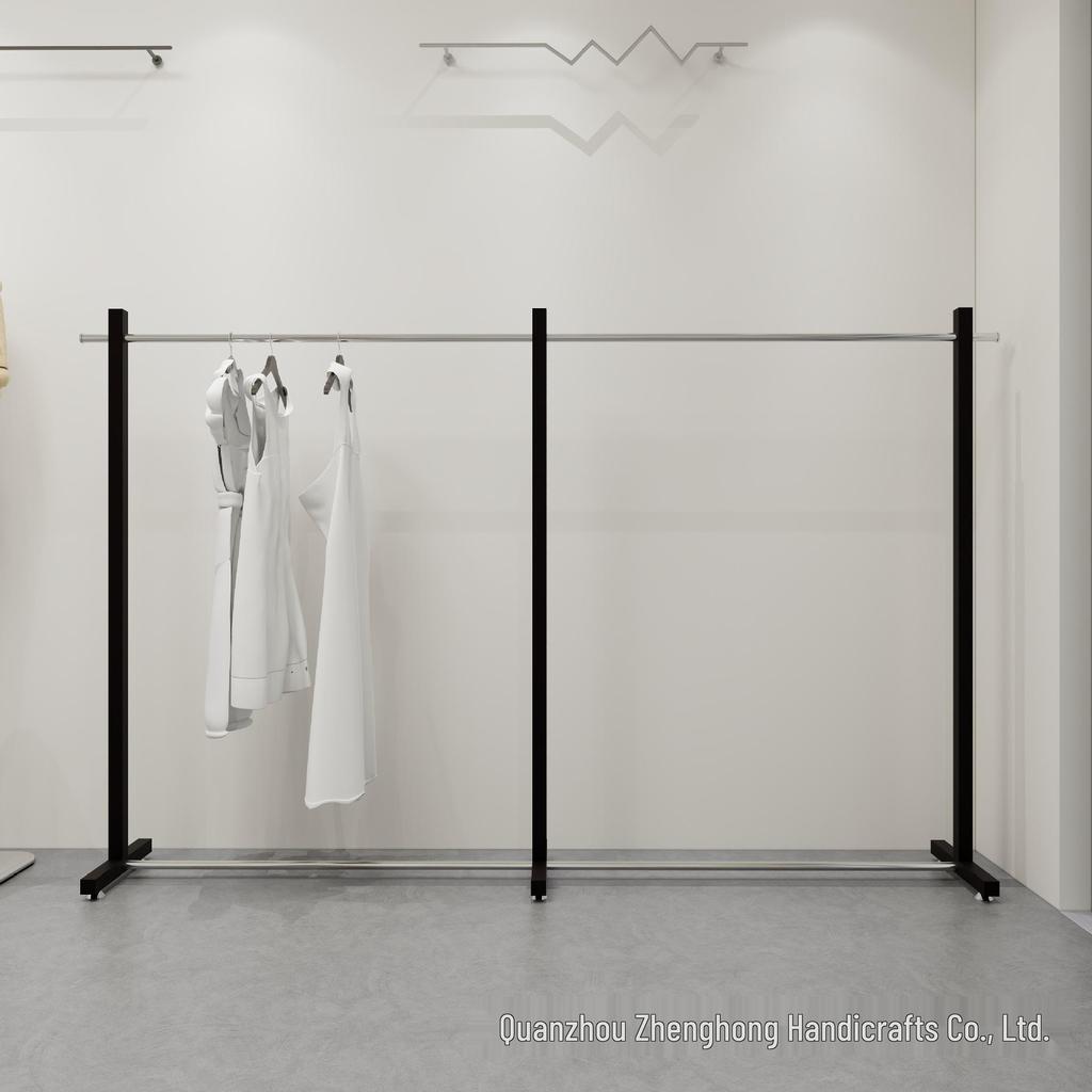 Black Stainless Steel Floor-Standing Garment Display Rack for Women's Clothing Store