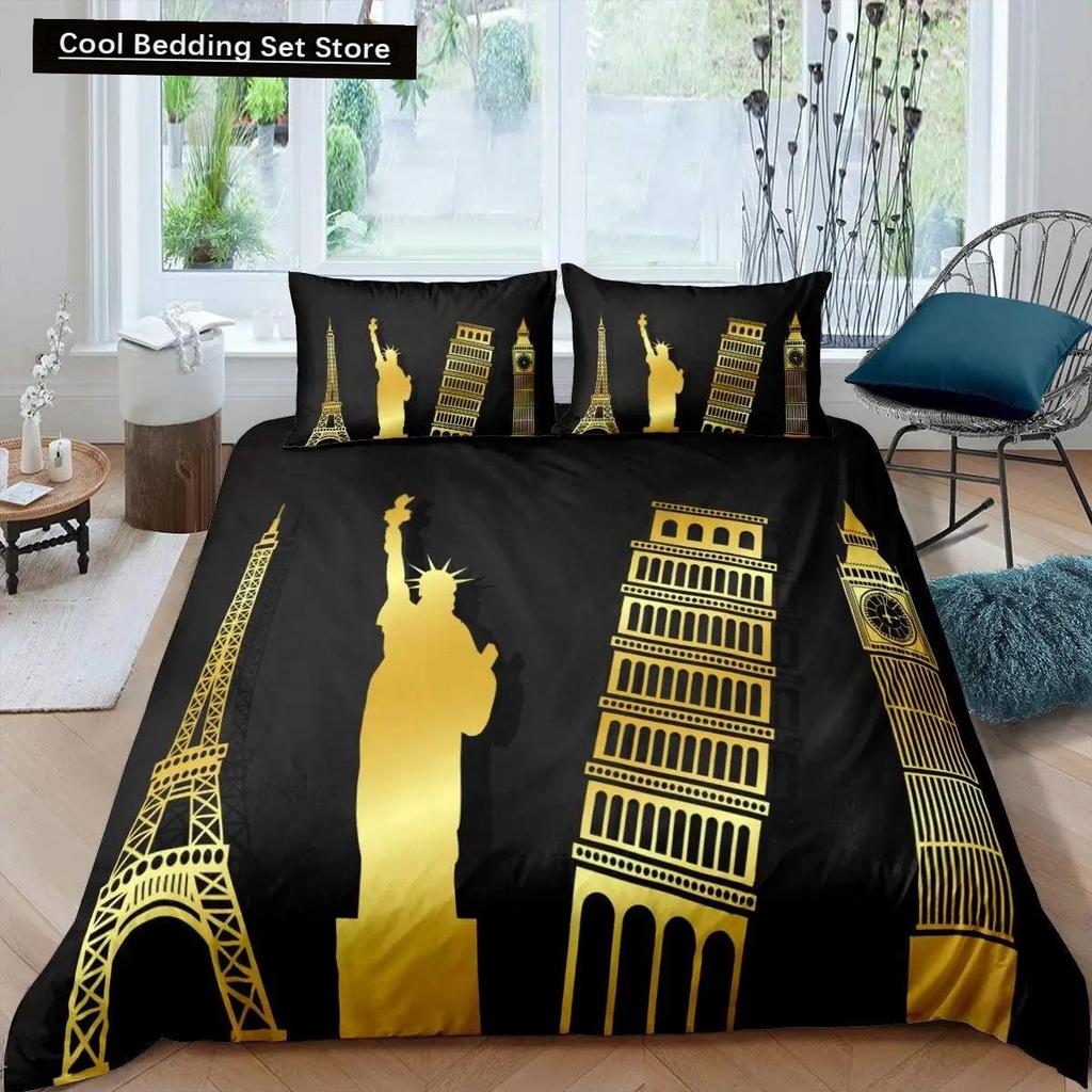 Freiheitsstatue Bettbezug Hip Hop Doppelgröße Friedenszeichen Liebesherz Bettwäscheset Amerikanische Augen Bunt Polyester Steppdecke