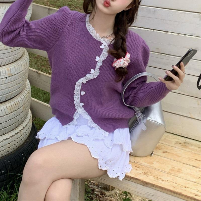 Lace Knit Irregular Solid Color Women's Cardigan - Soft Autumn/Winter Slit Sweater Top 2024