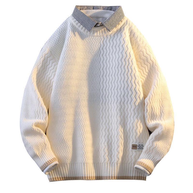 2024 Men's Autumn/Winter Loose Knit Sweater with Shirt Collar, Plus Velvet Two-Piece Look