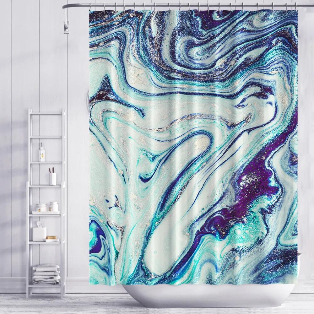 Nordic Gradient Marble Shower Curtain Blue Gold 3D Printing Texture Thickening Waterproof Polyester Bathroom Curtains With Hooks