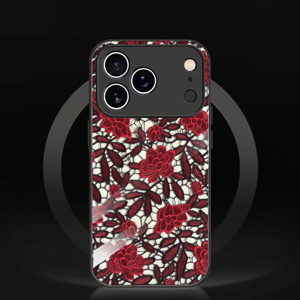 Red Floral Lace Pattern Glass phone case mobile phones for iphone 17 pro max cover for iPhone 17 16 15 14 13 12 11pm Pro Plus