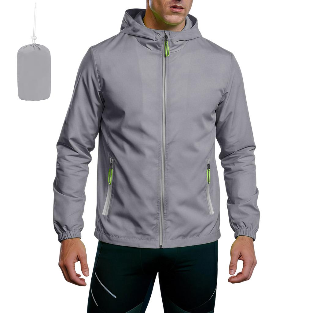 Unisex Lightweight Hooded Sports Jacket with Reflective Zipper Breathable Quick Dry with Storage Bag