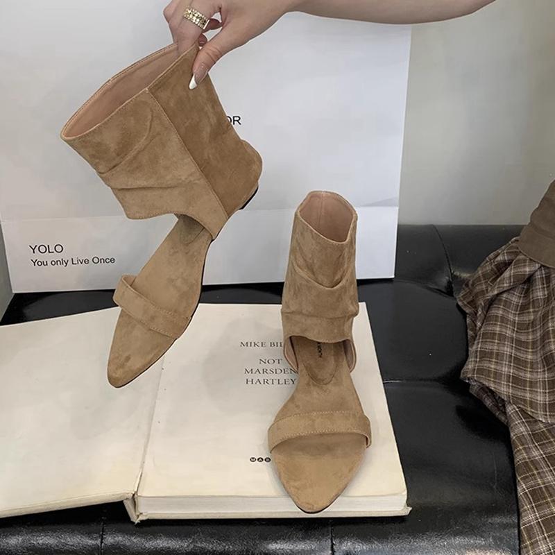 Fashion SUOJIALUN New Brand Women Ankle Boots Shoes Fashion Pointed Toe Open Toe Slip On Ladies Elegant Short Boot Flat Heel Sandal Boot