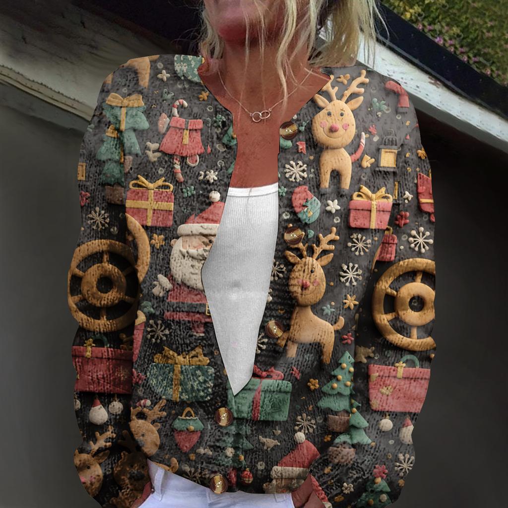 Women's Fashion Christmas Print Long Sleeve Knitted Cardigan Button Jacket