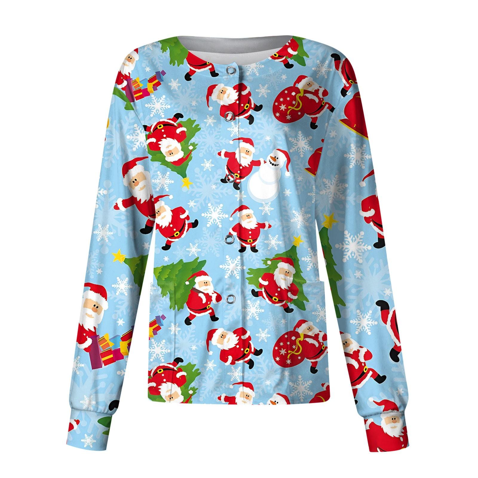 

Женский однобортный защитный комбинезон с длинным рукавом и рождественским принтом, карманный рабочий воротник-стойка, кардиган, куртка, топ XL