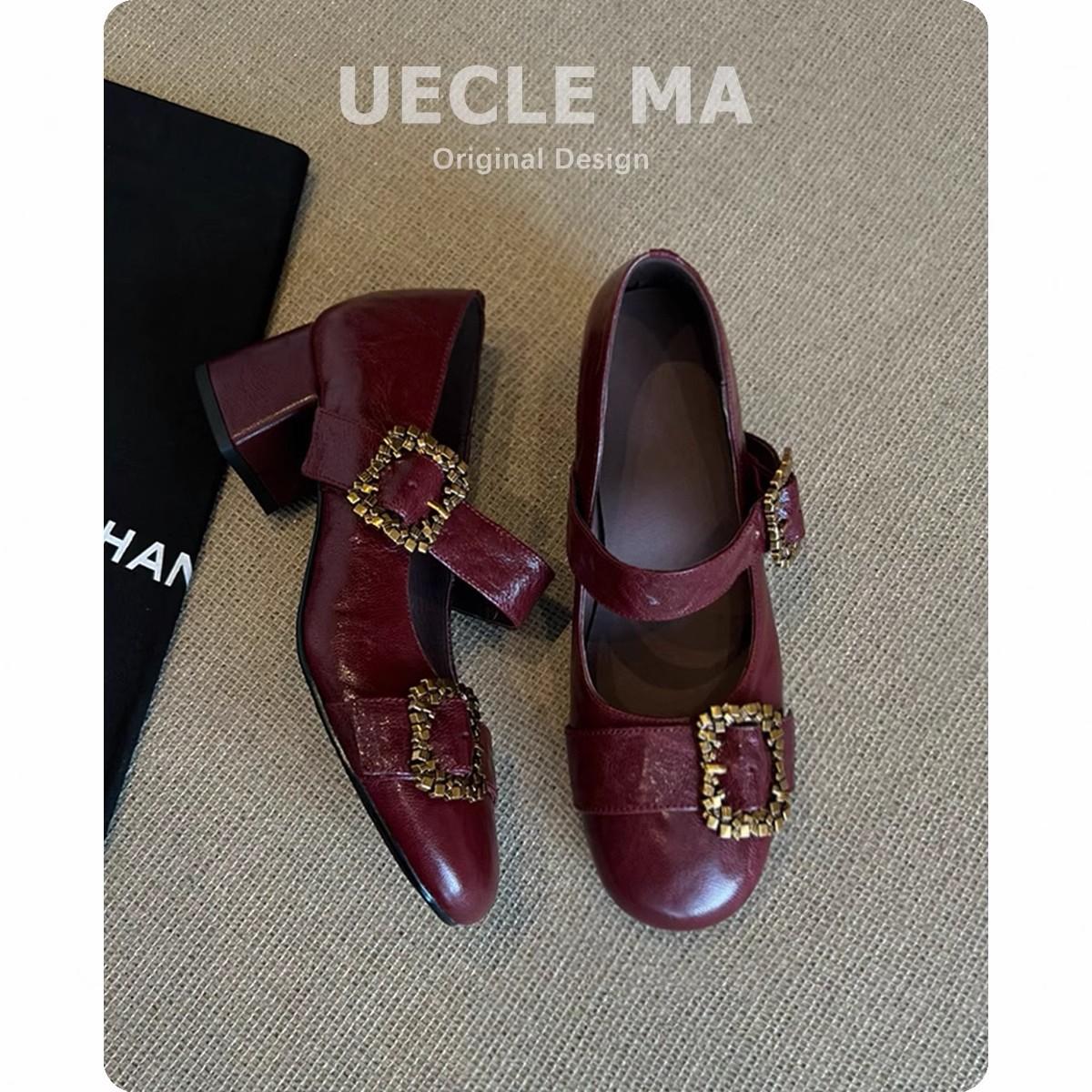

Leather red French single shoes women are beautiful, not tired, high heels, thick heels, retro one-word buckle Mary Jane shoes 39 бордовый