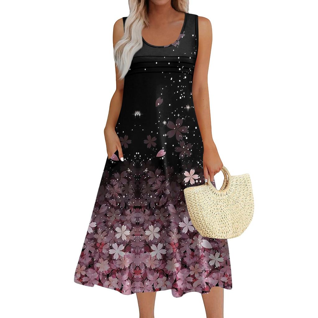 Women's Fashion Round Neck Sleeveless Pleated Beach Dress With Pockets Long Floral Dresses