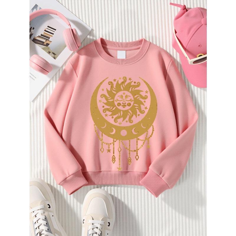 European Sizes Kids' Casual Printed Round Neck Pullover, Golden Sun Moon Stars Beads, Casual Comfortable