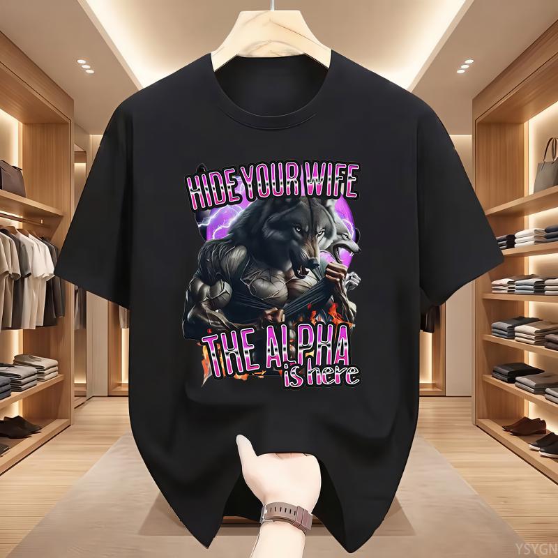 Hide Your Wife Alpha Is Here Funny Werewolf Expression Pack TShirt Unisex Fashion Hip Hop Short Sleeve TShirt Casual TShirt