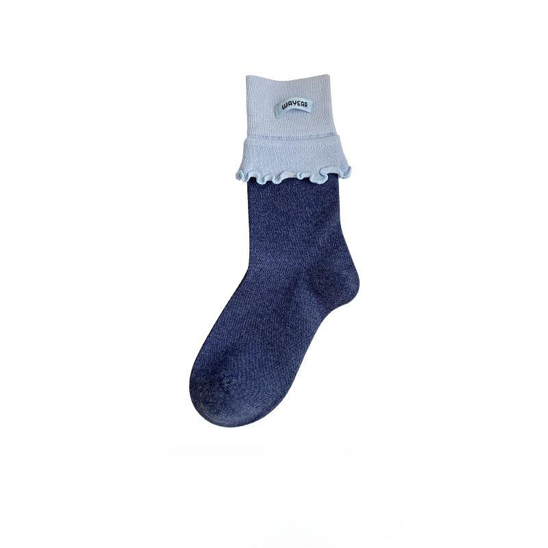 Women's Double-slit Lace Mid-calf Socks, Color-blocked Fabric Label Pile Socks, Four-season Casual Combed Cotton Simple and Trendy Socks