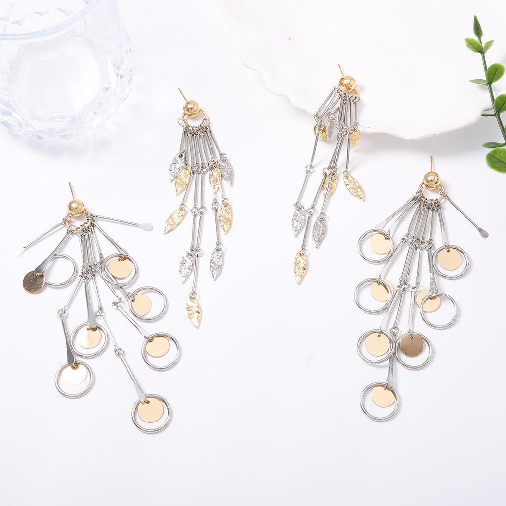 Light luxury high-end metal long leaves round splicing fringed earrings temperament cold holiday banquet women