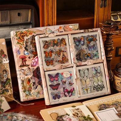 100pcs/Boxed Vintage Large Box Stickers Butterfly Flowers Plant Stick Labels Decorative Scrapbooking Material DIY Junk Journal