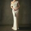 French high-end one-word slanted shoulder hip-wrapped long dress pendant satin slim-fitting fishtail dress banquet dress dress dress
