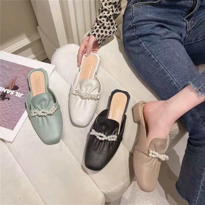 Women Slip On Mules Low Heel Backless Square Toe Half Slippers Pearl Chain Decoration Casual Outdoor Shoes