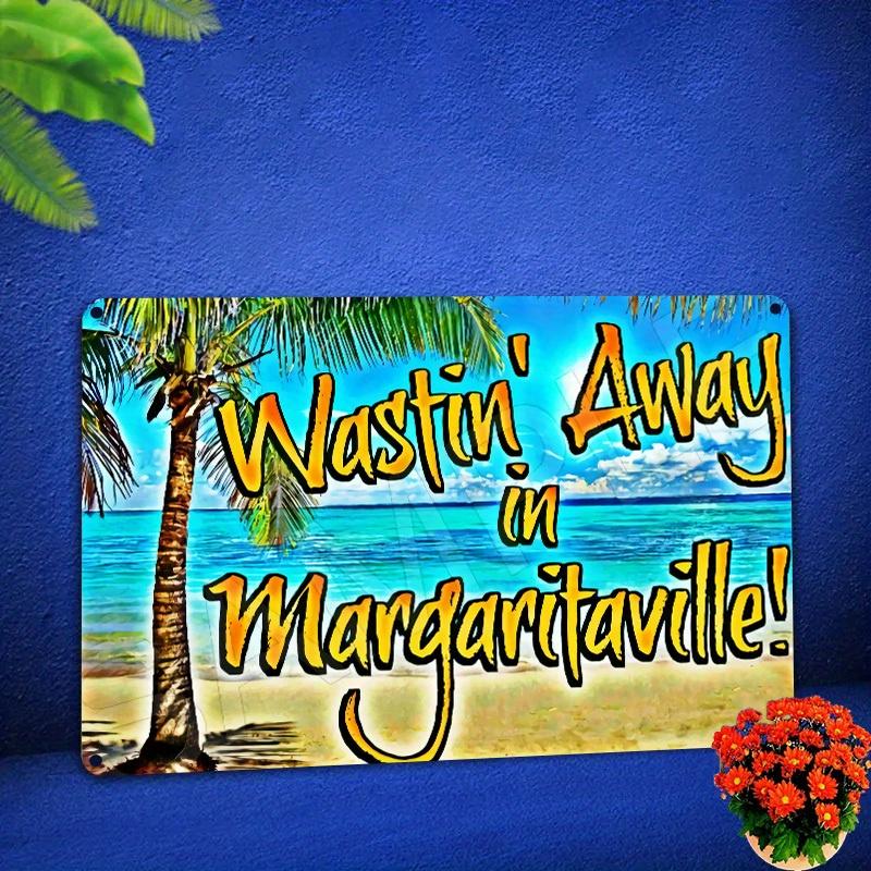 Vintage Wastin Away in Margaritaville Metal Wall Sign Retro Iron Decor with Tropical Beach Scene Perfect for Home Bar o