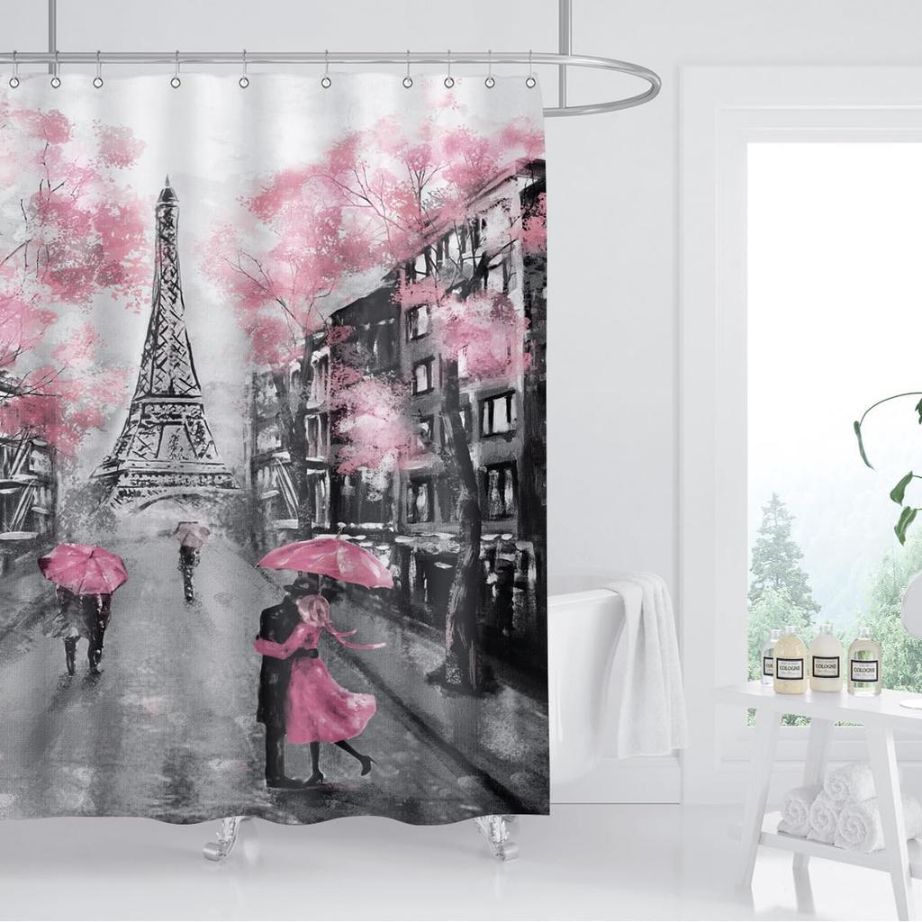 Paris Eiffel Tower Shower Curtain Oil Painting European France City Landscape Modern Couple Black Pink Tree Home Bathroom Décor