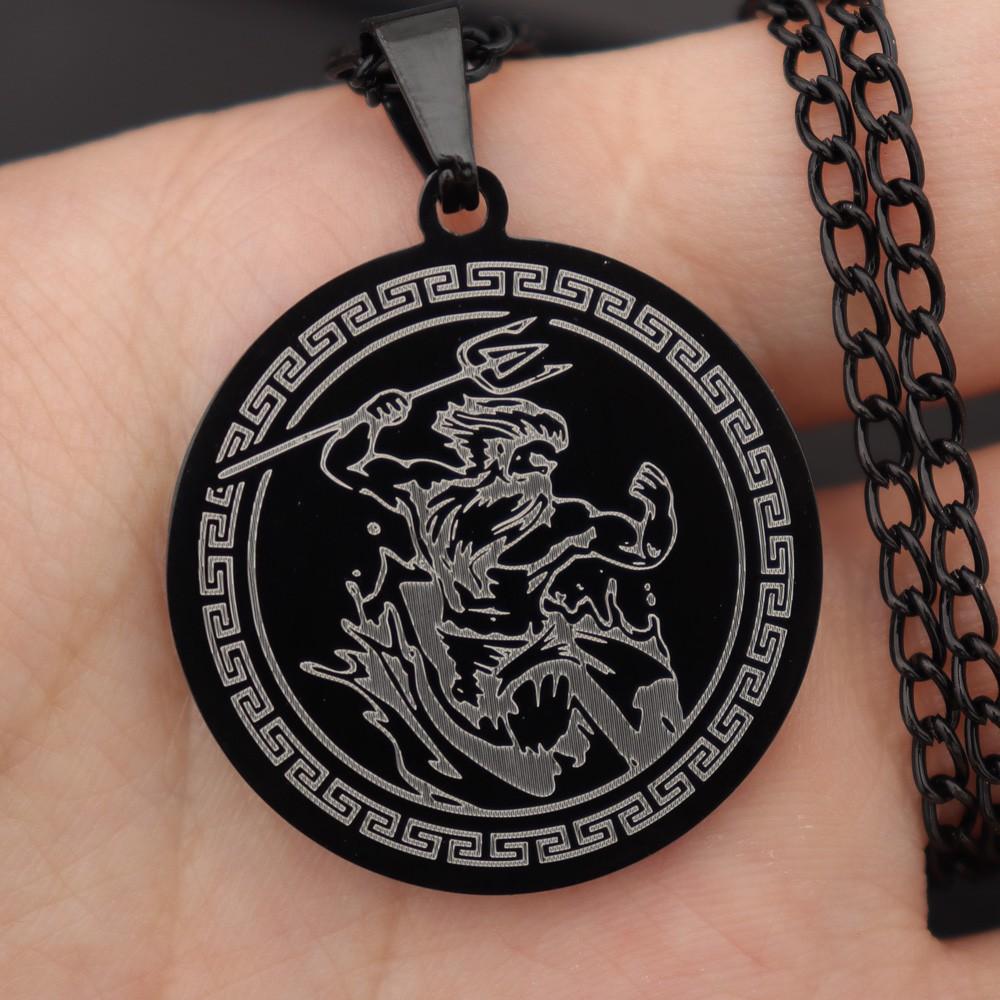 

Ожерелье из нержавеющей стали с подвеской Двенадцати главных богов Олимпа в древнегреческой мифологии Посейдон чёрный