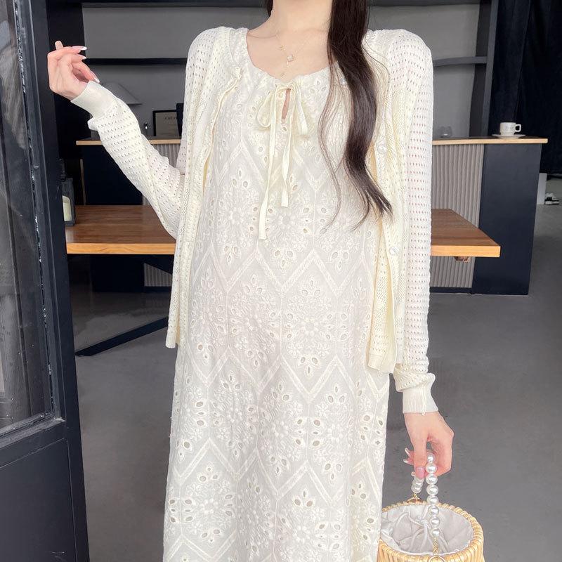 2026 Spring Maternity Lace Tank Dress & Knit Cardigan Set XL