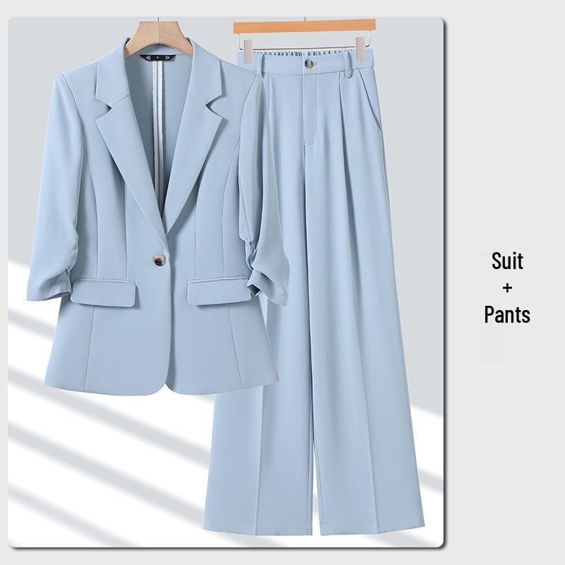 Women's Elegant Wrinkled Seven-Sleeve Blazer Suit with Wide-Leg Pants - Thin Style 2026 Spring/Summer Collection