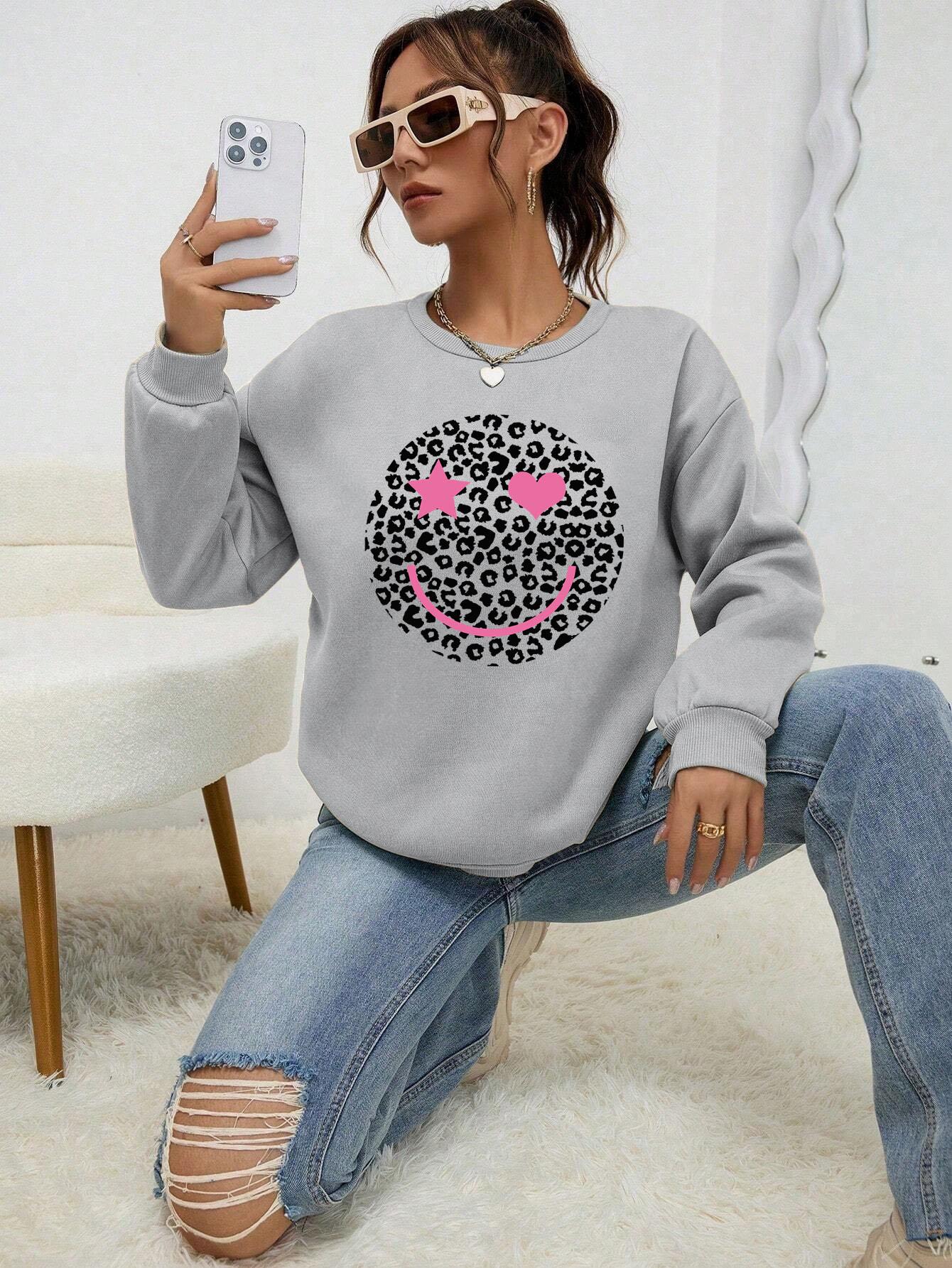 

Свитшот с принтом «Улыбка, лицо, любовь» с принтом «леопардовый принт», женская осенняя мягкая толстовка с капюшоном из флиса, теплые толстовки с капюшоном, уличный универсальный женский пуловер 6XL