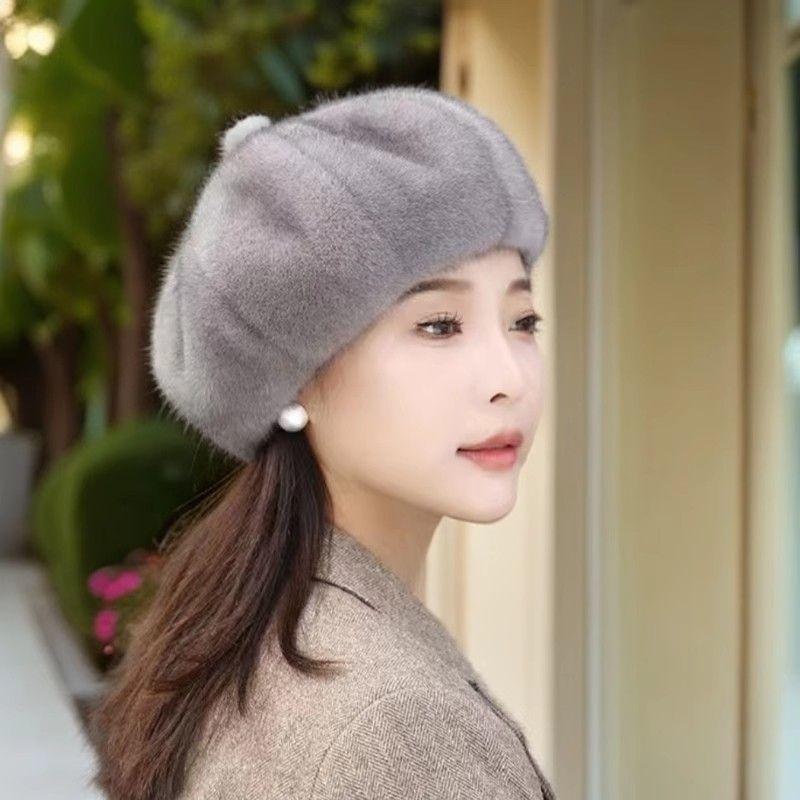 Mink Warm Solid Color Fashion Beret Autumn and Winter Ladies Hat