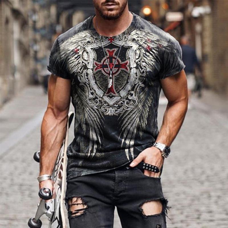 2024 Summer Retro Cross Pattern New Short Sleeved Round Neck Printed Men's T-shirt