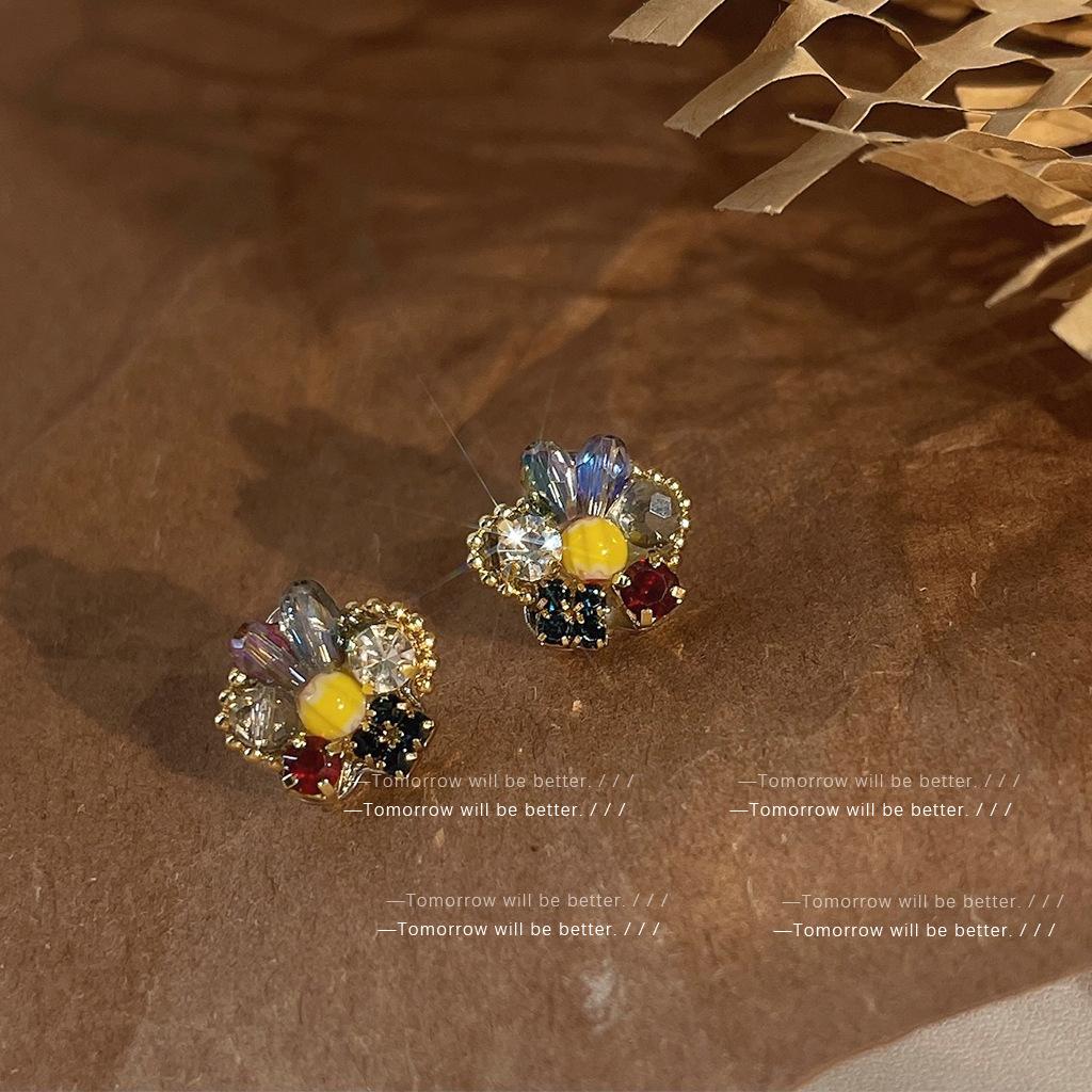 Vintage Trendy Glass Colorful Crystal Material Flower Stud Earrings Women Simple Unique Popular Wedding Banquet Jewelry Gifts