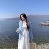 Elegant Plus Size French Summer Dress & Cardigan Set - Long Sleeve, Waist-Cinching, Gentle Style, Slimming.