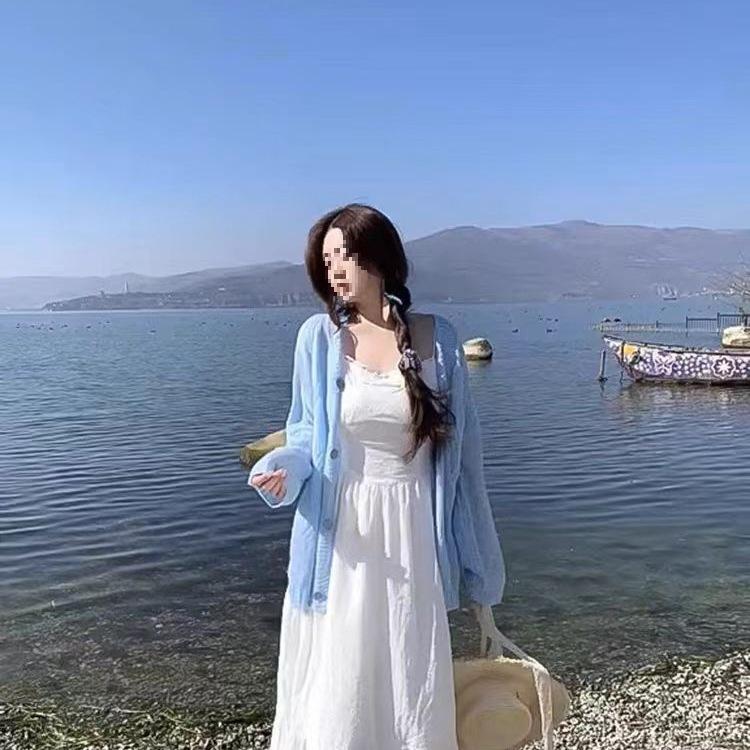 Elegant Plus Size French Summer Dress & Cardigan Set - Long Sleeve, Waist-Cinching, Gentle Style, Slimming.