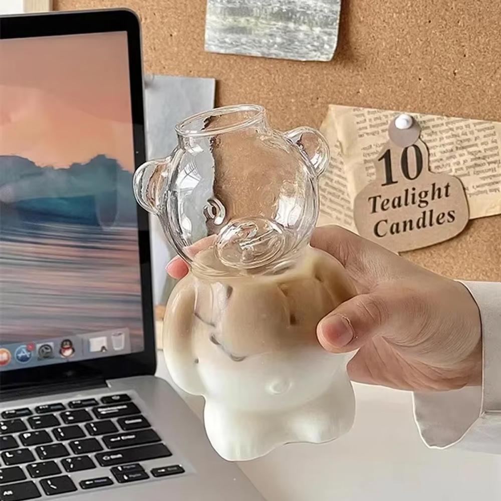 320ML Cartoon Bear Shaped Coffee Mug Cute Bear Mug Glass Cup With Straw Transparent Creative Milk Coffee Water Cups