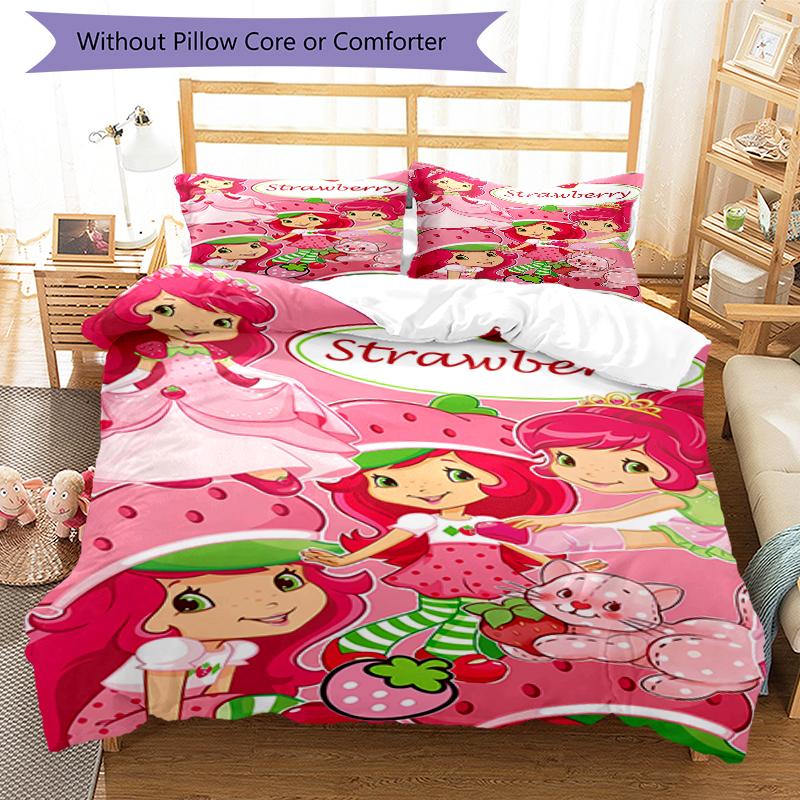 3pcs Strawberry Princess4 Design Cover Set - HD Printed Bedding with 1 Cover and 2 Pillowcases - Perfect for Home and Dorm Decor