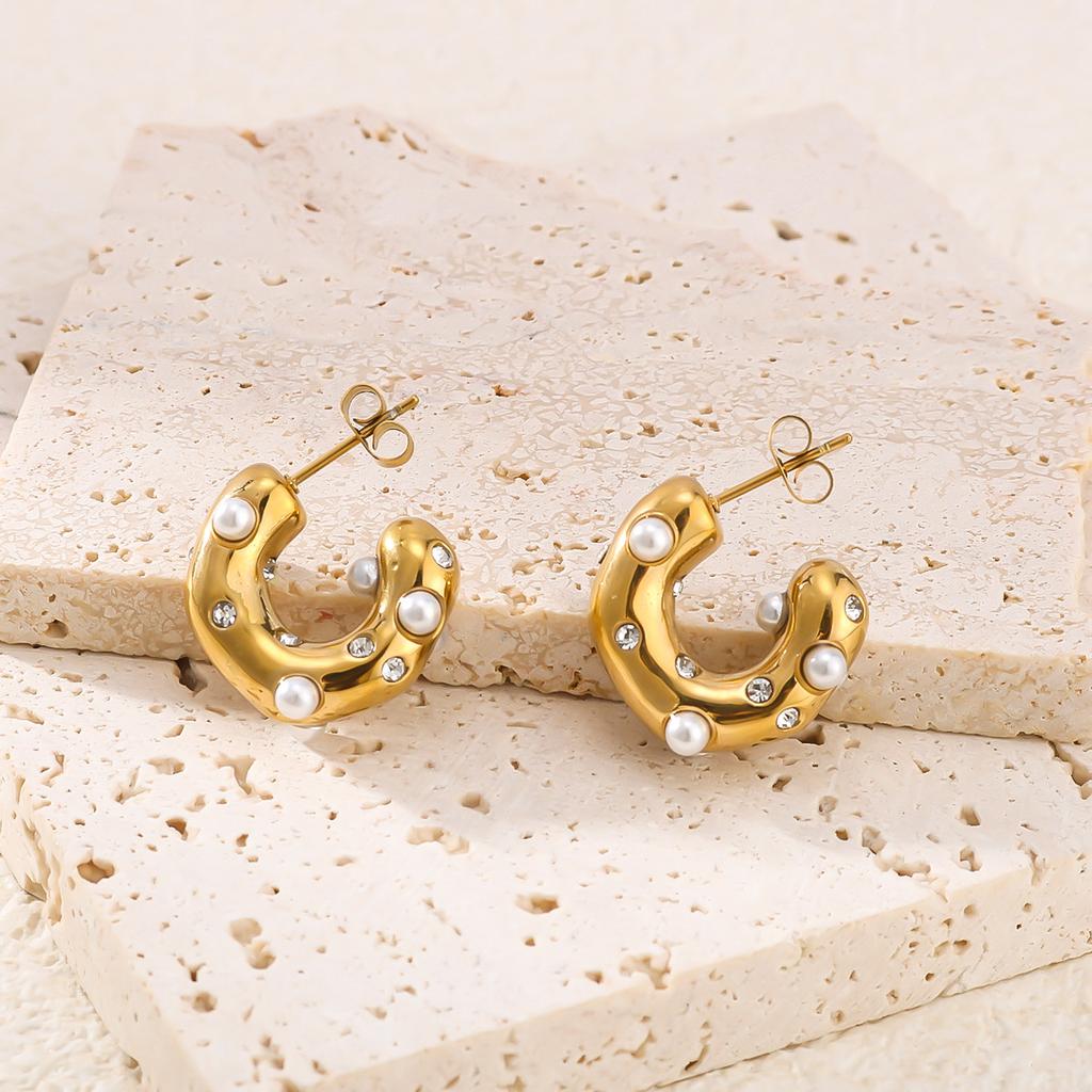 Pearl Zirconia Hoop Earrings For Women Gold Color Stainless Steel Rhienstone Stud