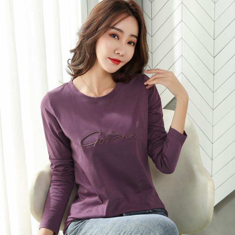 Autumn Winter Long Sleeve Embroidered Letter Slim Fit Base Layer Tee Women Plus Size Top Cotton Style