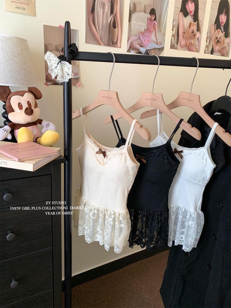 Women's Sweet French Bow Layered White Lace Camisole - Sleeveless Top for Autumn and Winter