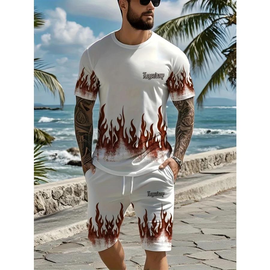 Men's Summer Short-sleeved Set, 3D Creative Flame Print And Shorts, Two-piece Casual Outdoor Fashion Set