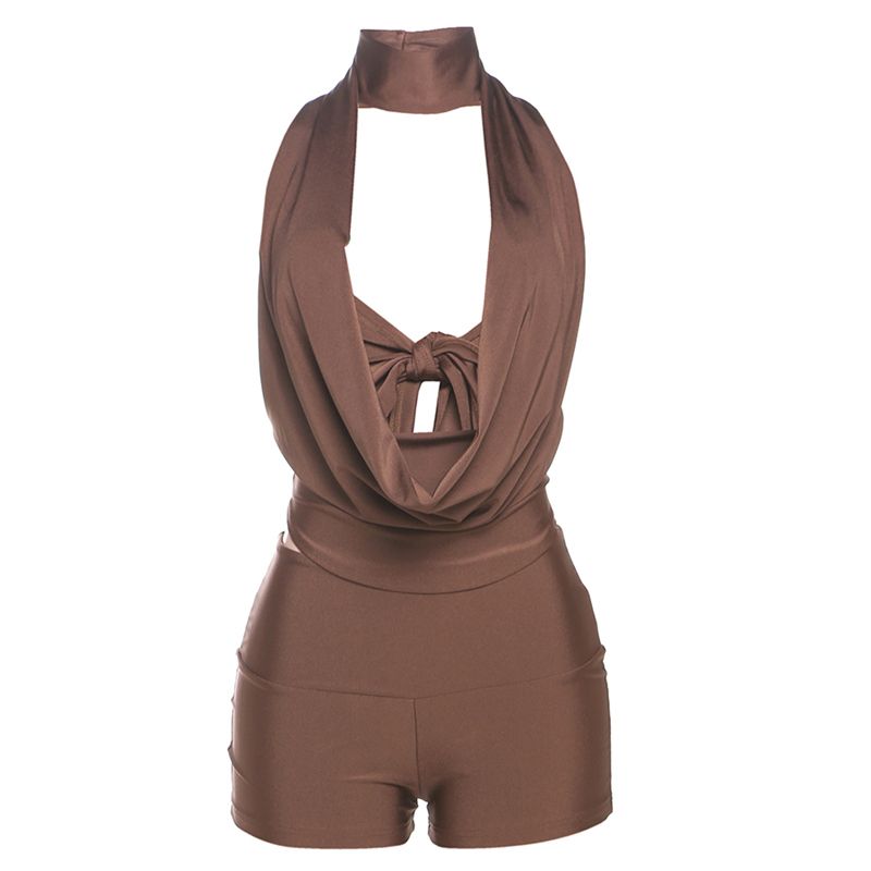 

# Sisjuly# Super a Royal Sister Style Sexy Deep V Swing Collar Backless Hanging Neck Sling Top Tight Shorts Set Women Coffee S