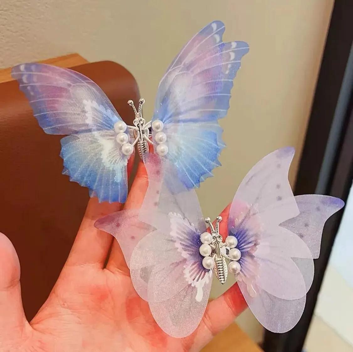 

2Pcs Butterfly Girls Hairpin Moving New Gradient Hair Clip Three-Dimensional Barrettes Pearl Pet Hair Accessories