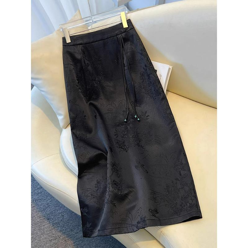 

Spring & Autumn 2025 Black Chinese A-Line Midi Skirt - Women s High-End Printed Bodycon 2XL for 125-135 jin абрикосовий