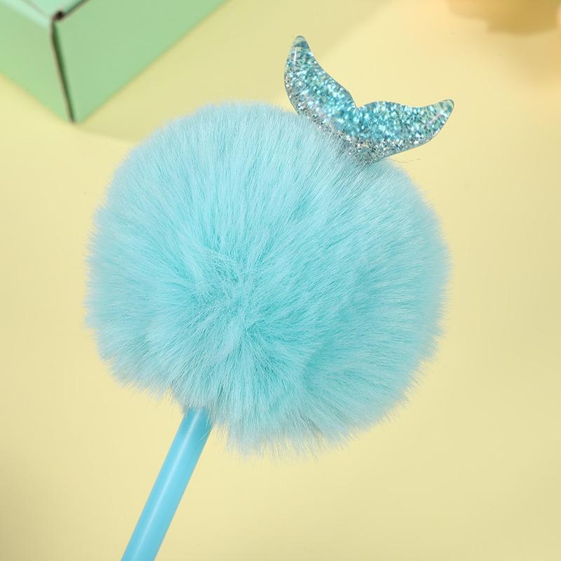 4Pcs Cute Marine Mermaid Tail Furry Pom Ballpoint Pen for Child Boy Girl Student Game Reward Christmas Stocking Fillers 0.7mm Smooth to Write Comforta